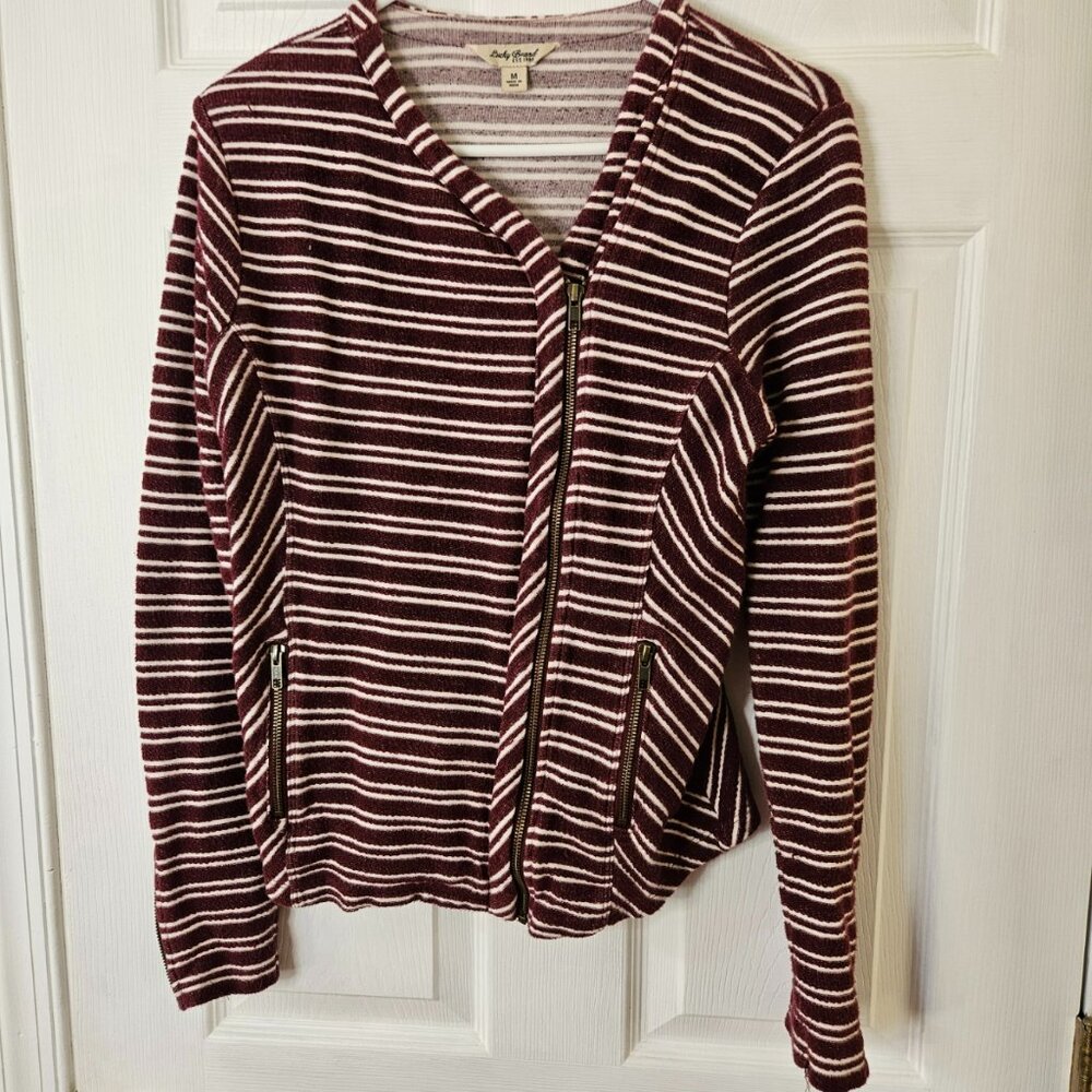 Lucky Brand Sweater Womens Medium Zip Up Asymmetrical Cranberry White Cotton